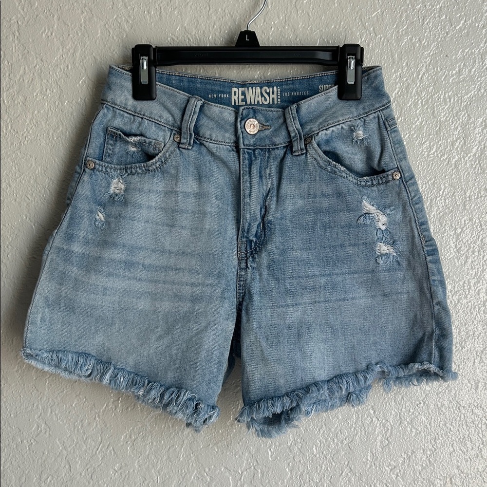 REWASH High Rise Distressed Denim Shorts Size 25 Light Wash Frayed Hem Festival